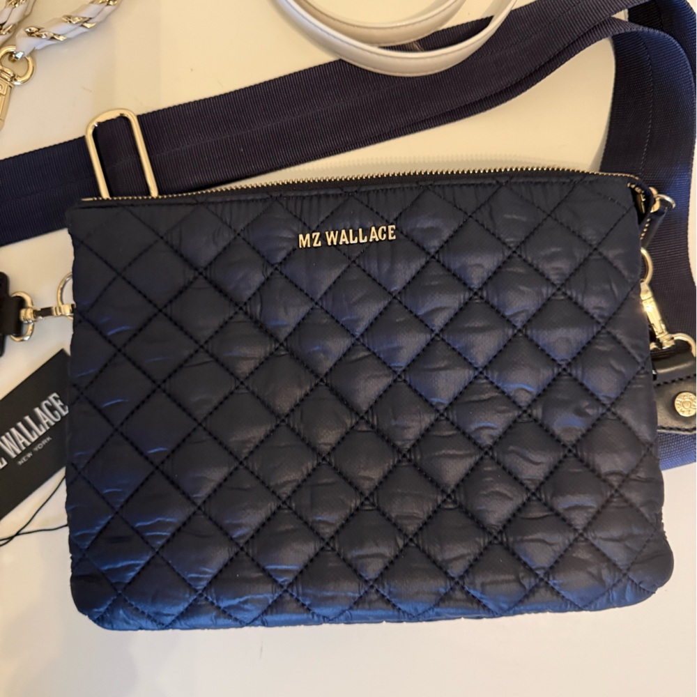 MZ Wallace Quilted Crossbody in Navy Blue with Gold Hardware